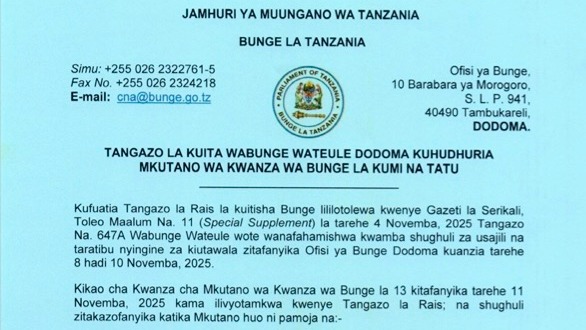 Tangazo la kuita Wabunge Wateule Dodoma kuhudhuria Mkutano wa Kwanza wa Bunge la 13